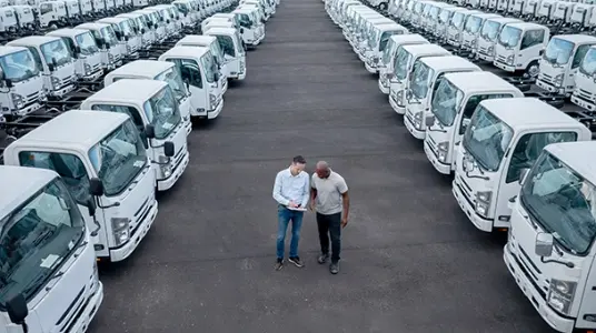 Two men reviewing documents while standing between rows of commercial trucks at a dealership, illustrating the thorough evaluation and decision-making process involved in truck financing at a reputable dealership.